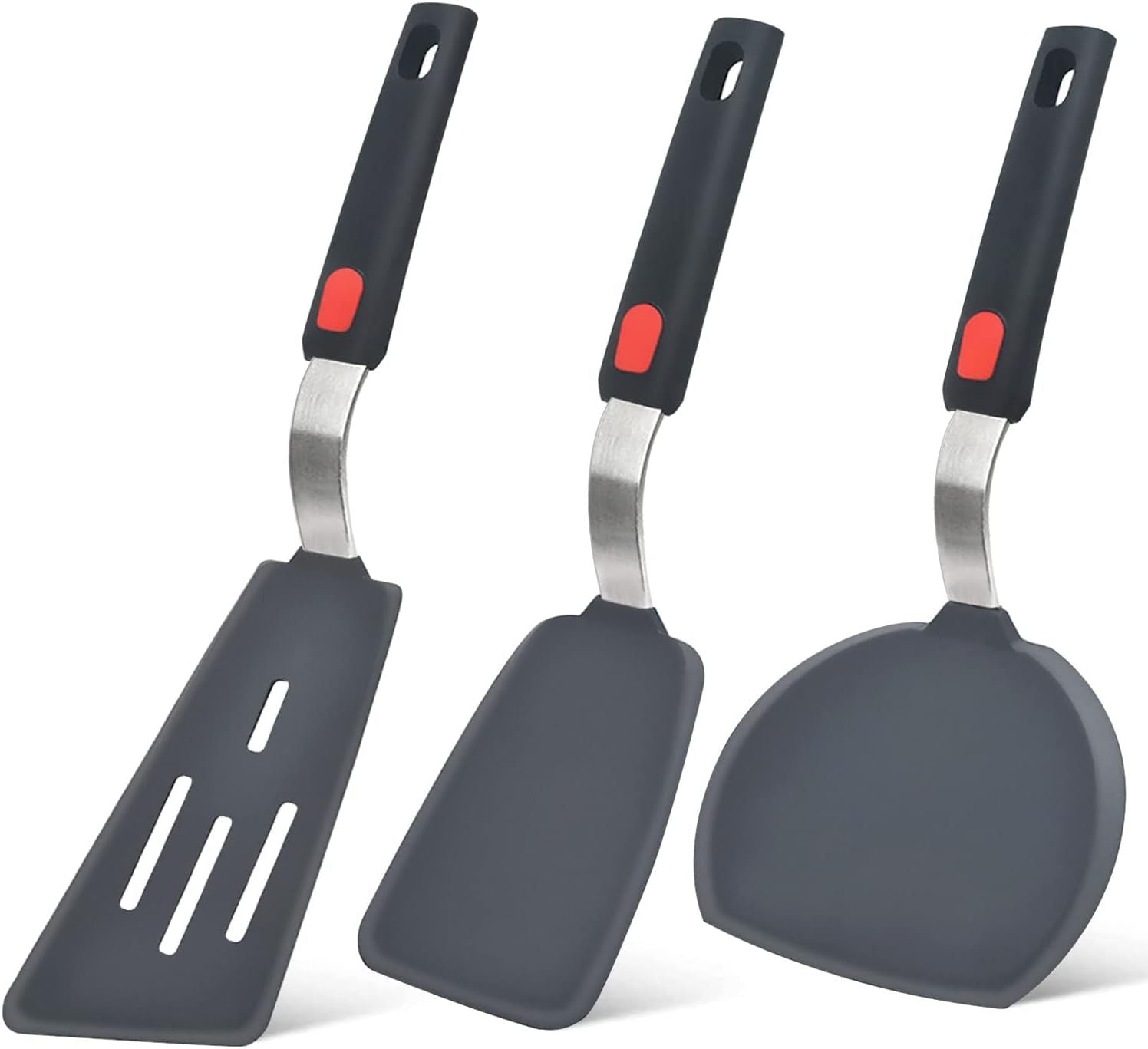 3-Piece Silicone Spatula Set with Stainless Steel Core, 600°F Heat Resistant Turner for Nonstick Cookware, Flexible Kitchen Utensils for Eggs, Fish, Pancakes, Burgers (Black)