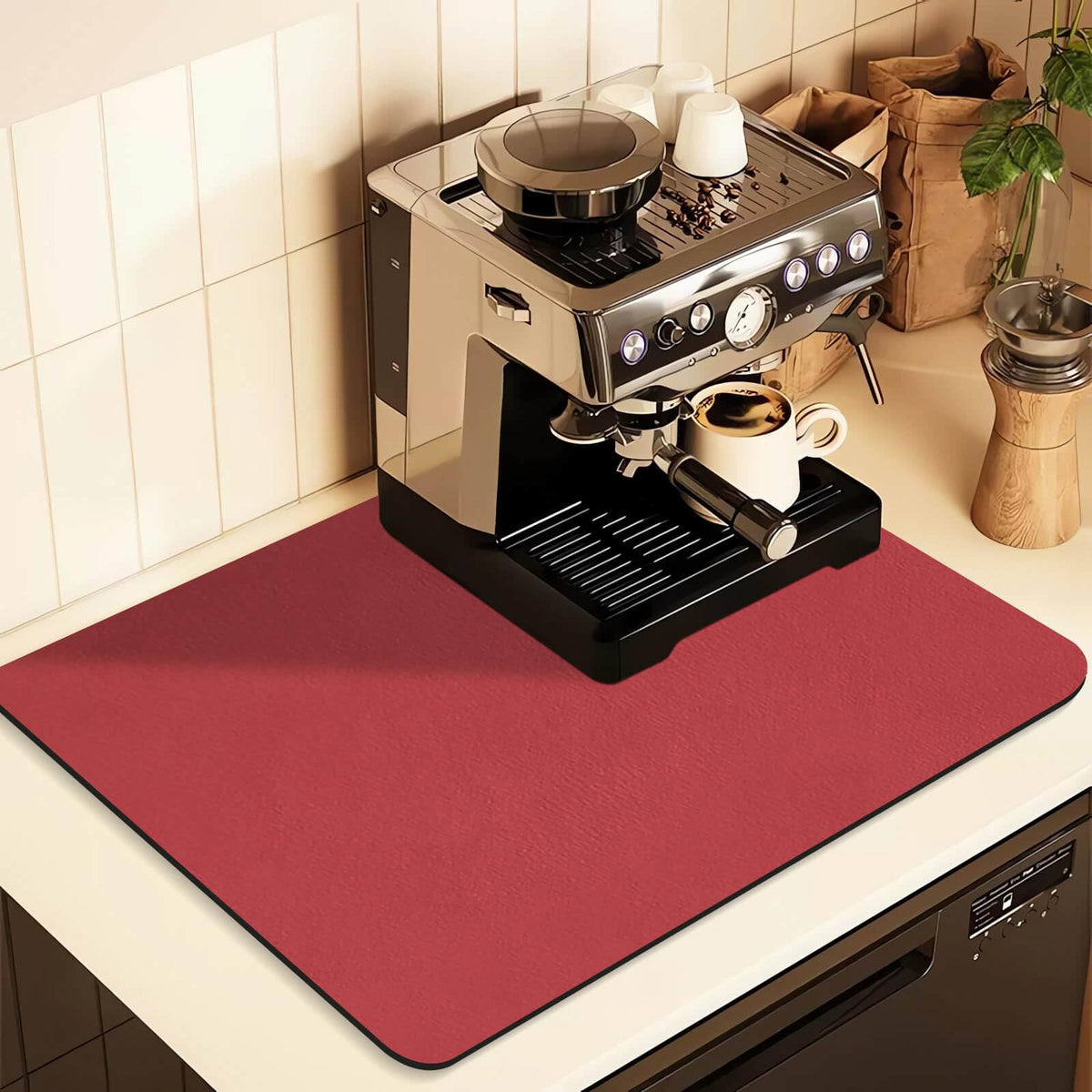 Kitchen Counter Mat for Coffee Maker – Absorbent & Quick-Dry Bar Pad with Non-Slip Backing, Protective Surface for Espresso Machine, Dish Drying Mat (Red,50*80cm)