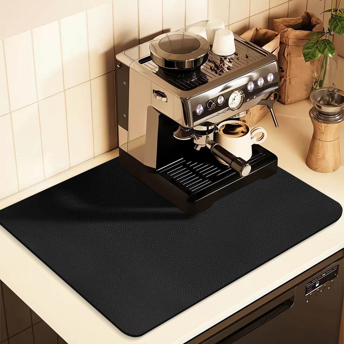 Kitchen Counter Mat for Coffee Maker – Absorbent & Quick-Dry Bar Pad with Non-Slip Backing, Protective Surface for Espresso Machine, Dish Drying Mat (Black,30*50cm)