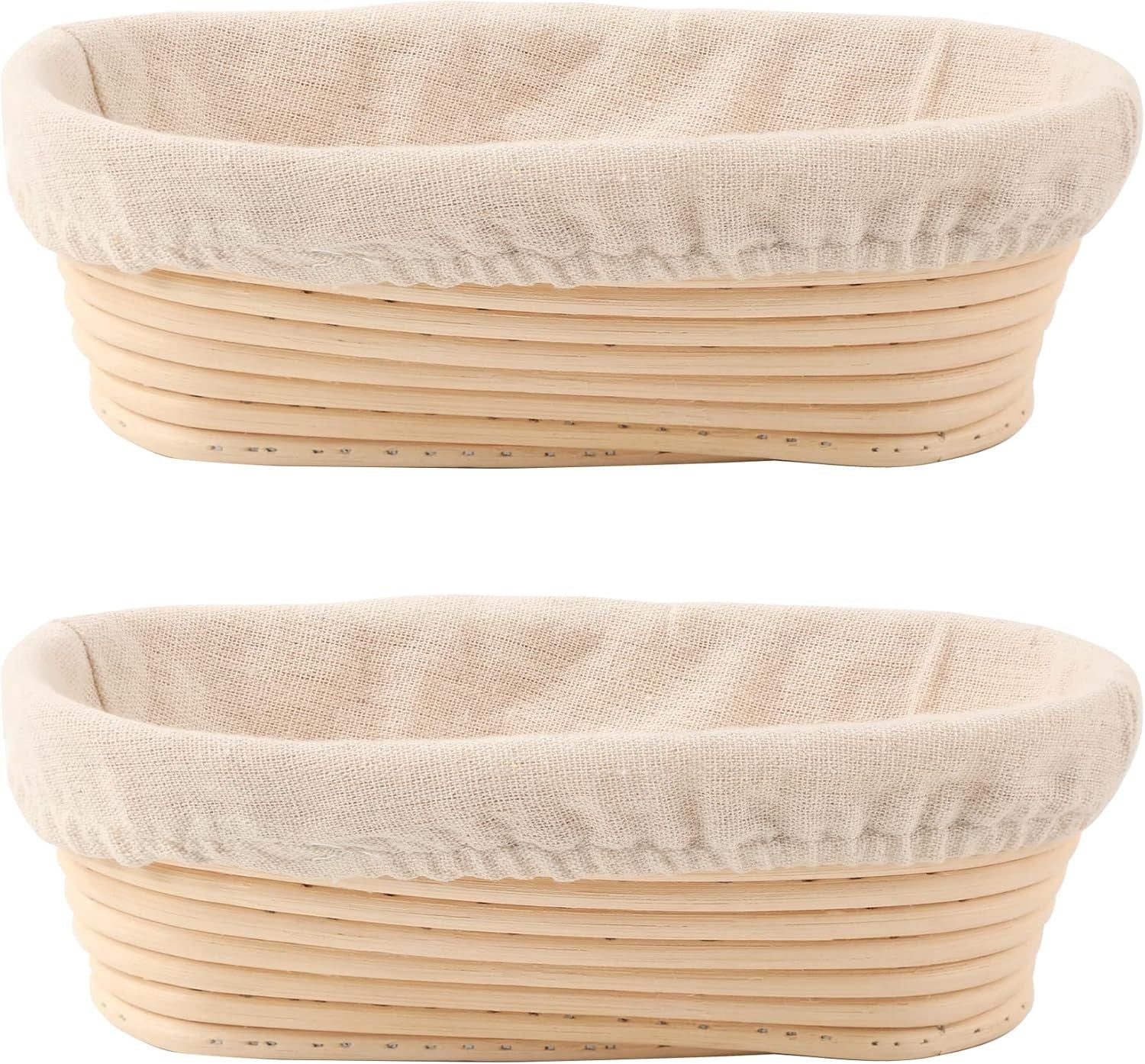 2 Pack Oval Sourdough Proofing Basket Set with Linen Liner, Natural Rattan Bread Fermentation Bowl for Artisan Baking, Splinter-Free Dough Rising Basket for Home Bakers (10 inch,Beige)