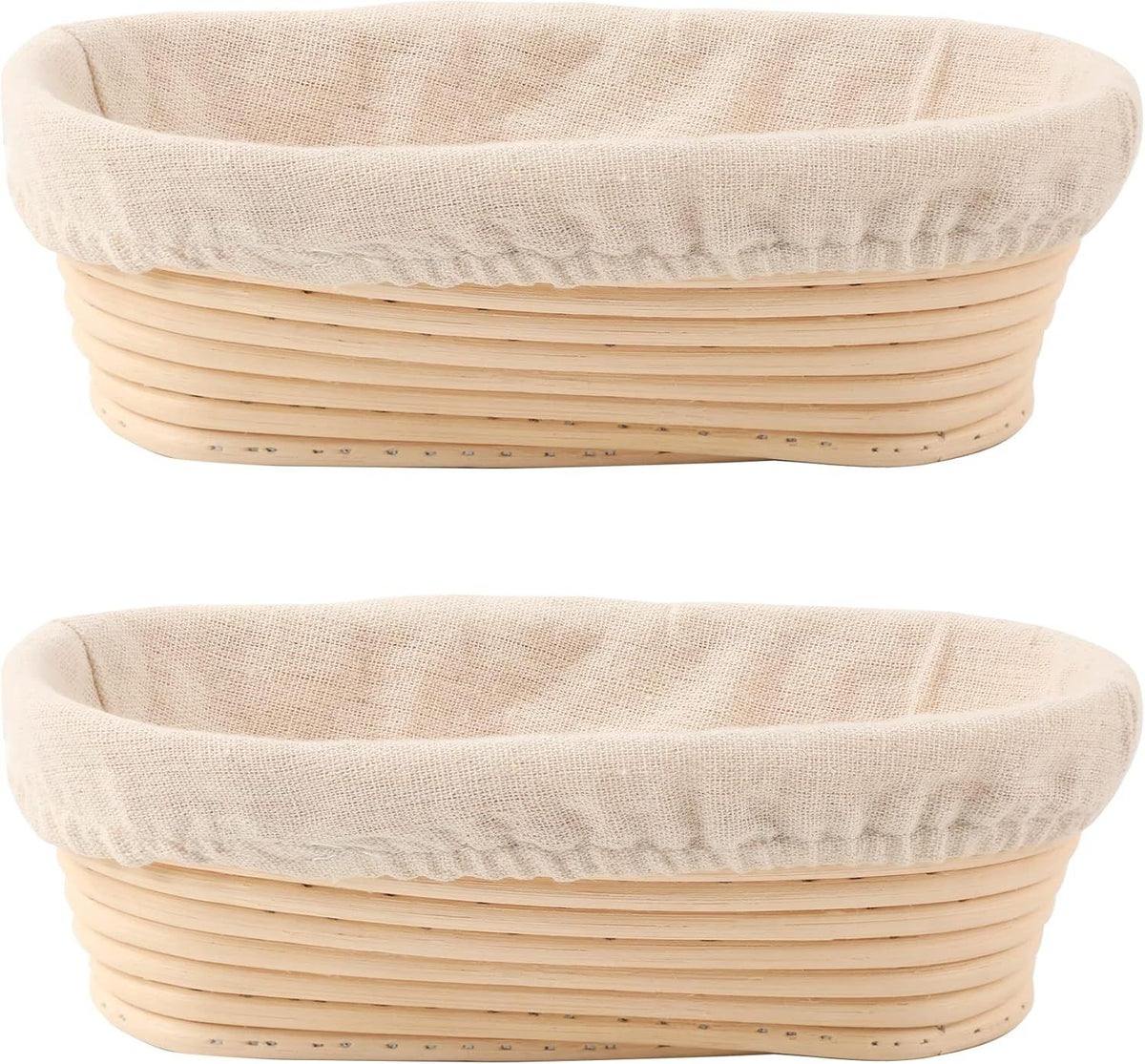 2 Pack Oval Sourdough Proofing Basket Set with Linen Liner, Natural Rattan Bread Fermentation Bowl for Artisan Baking, Splinter-Free Dough Rising Basket for Home Bakers (10 inch,Beige)