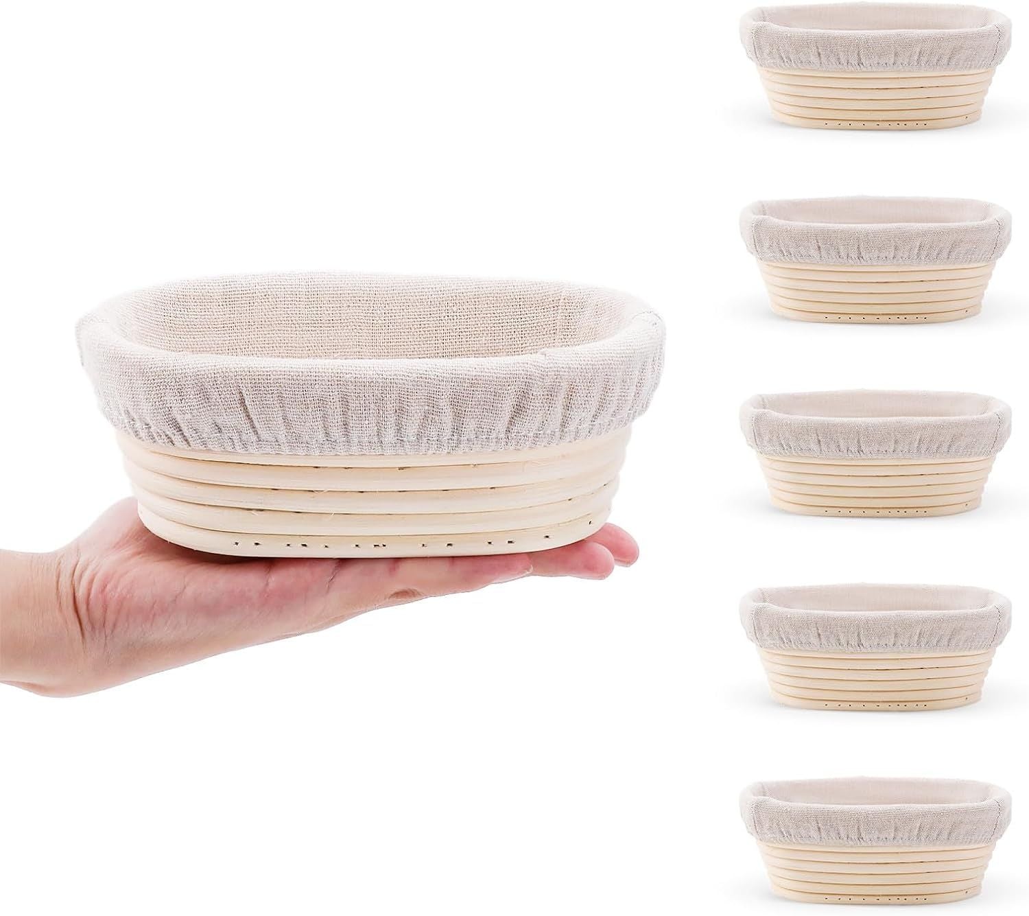 5 Pack Oval Sourdough Proofing Basket Set with Linen Liner, Natural Rattan Bread Fermentation Bowl for Artisan Baking, Splinter-Free Dough Rising Basket for Home Bakers (6.5inch,Beige)