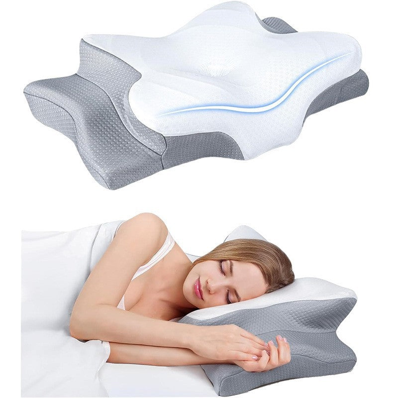 High-Performance Butterfly Memory Foam Pillow – 15° Cervical Support, Cooling Gel Cover, Ergonomic Contour Design for Neck Pain Relief & Deep Sleep – Ideal for Side & Back Sleepers (White & Gray)