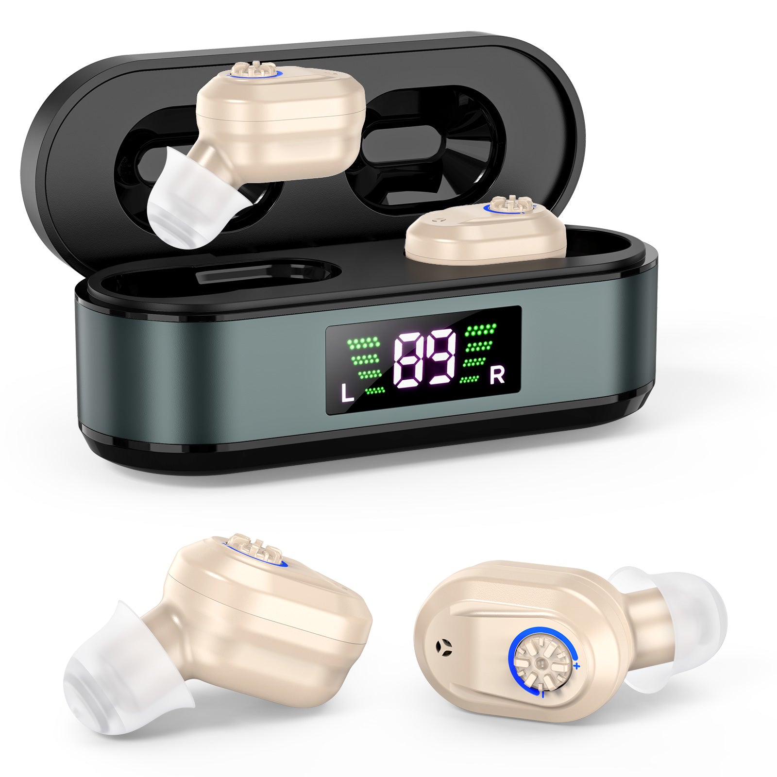 Rechargeable In-the-Ear Hearing Aids with Charging Case and LCD Display – Ultra-Compact Sound Amplifier for Seniors (Black & Green Case, Skin Tone Device)