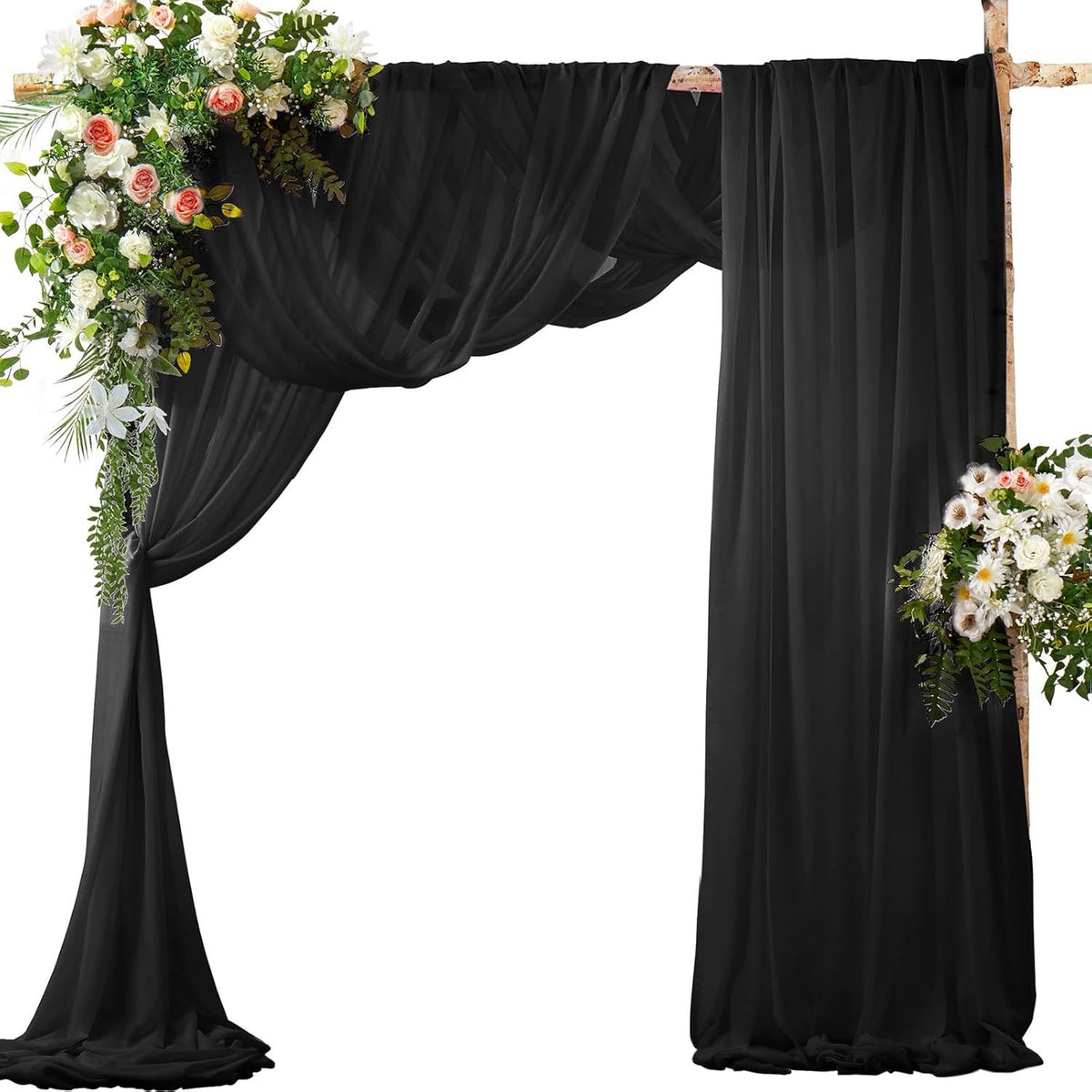 2 Pack Elegant Chiffon Wedding Arch Draping Fabric Panels for Outdoor Ceremony Backdrop and Party Decoration (Black)
