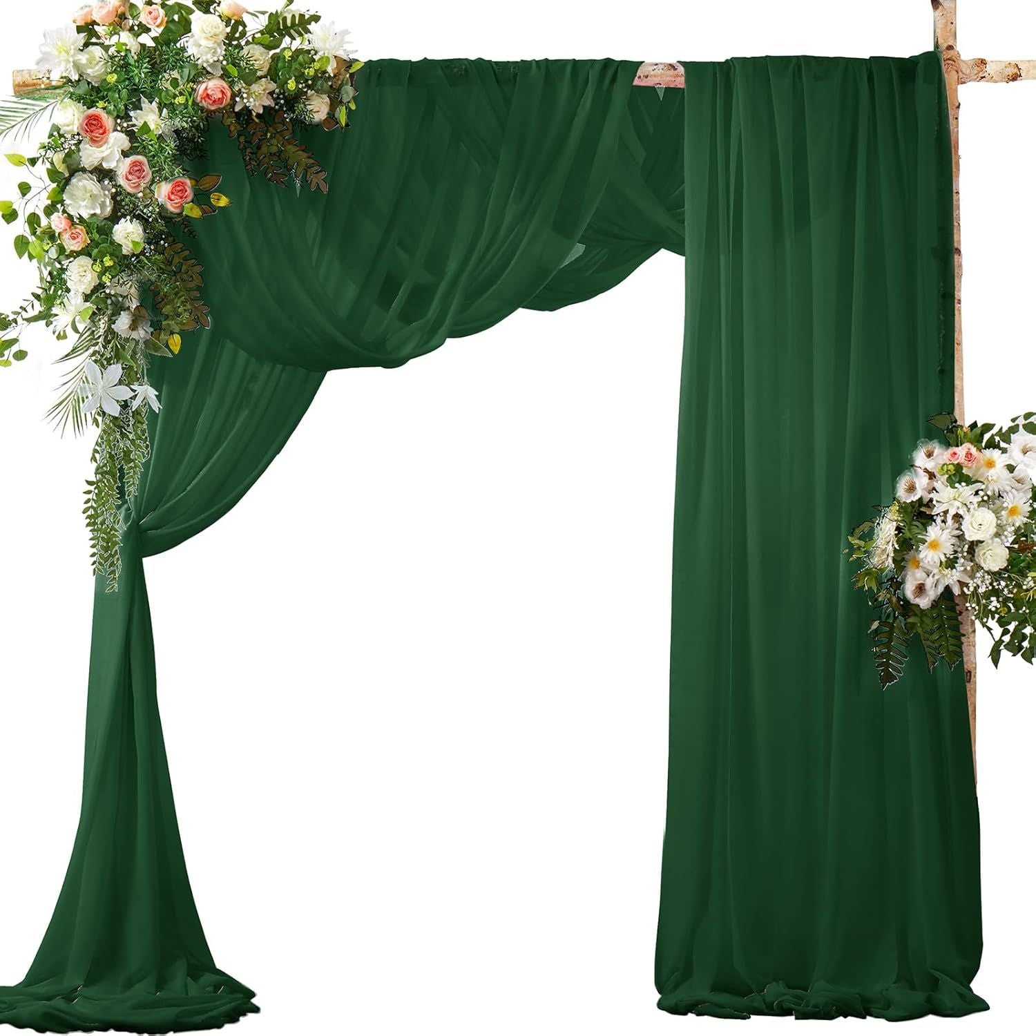 2 Pack Elegant Chiffon Wedding Arch Draping Fabric Panels for Outdoor Ceremony Backdrop and Party Decoration (Emerald green)