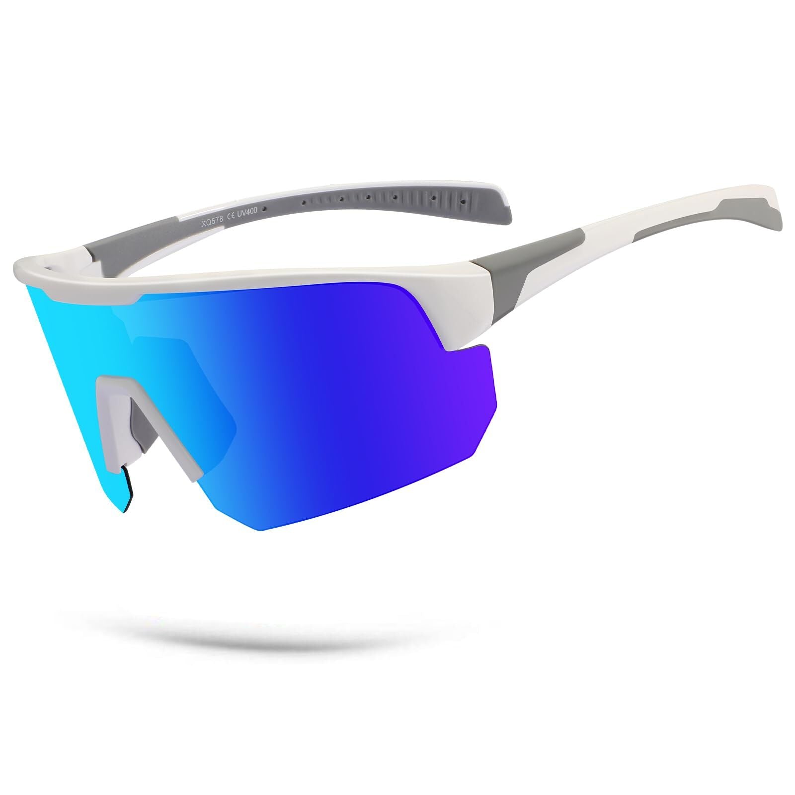 High-End Polarized Sports Sunglasses for Men Women – UV400 Protection, Anti-Fog, Lightweight TR90 Frame, Removable Lens, Ideal for Cycling, Running, Fishing, Golf (White & Blue)