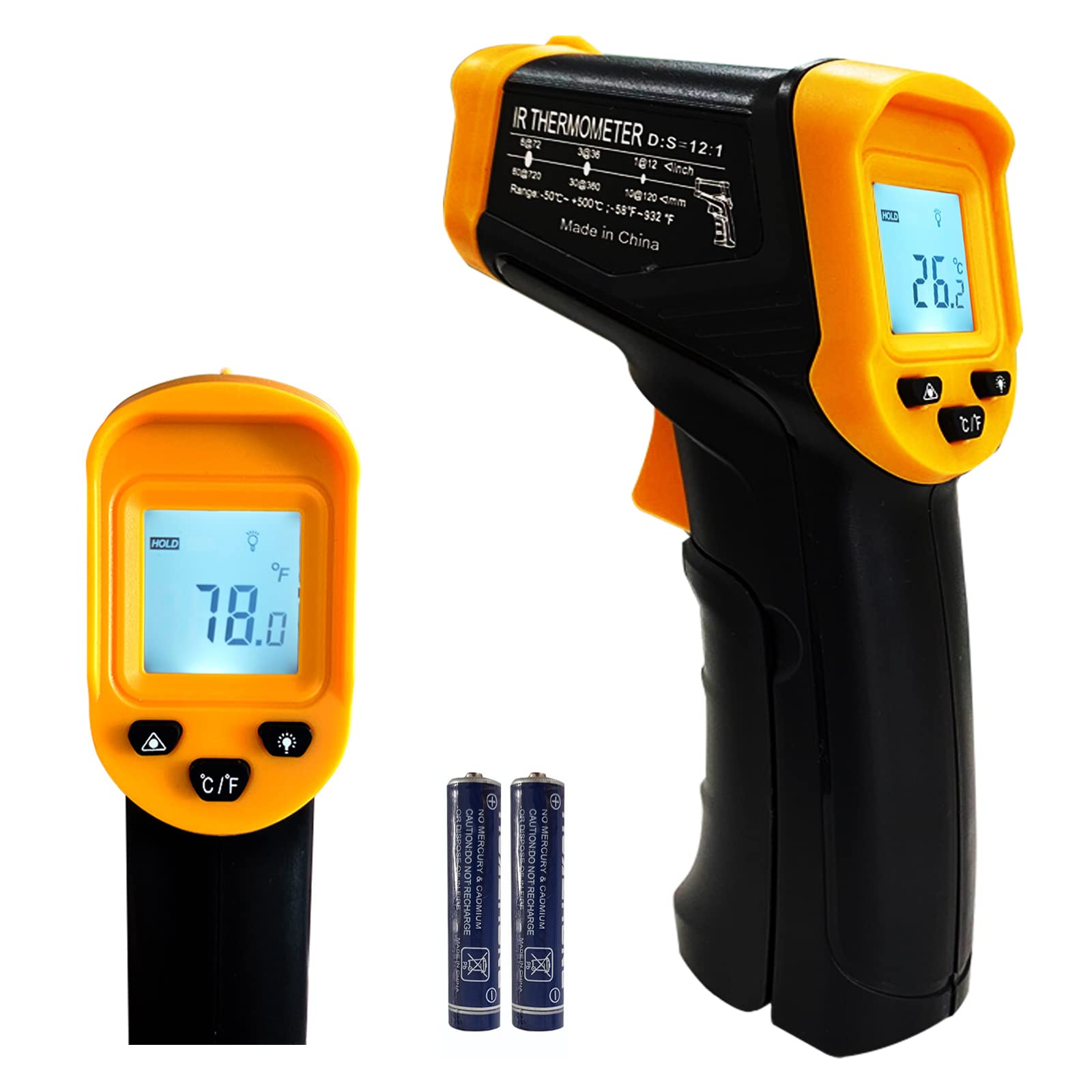 Infrared Thermometer Gun – Non-Contact Digital Laser Temp Meter for Cooking, HVAC, Automotive & Industrial Use, -50°C to 500°C, Backlit LCD, 12:1 D:S Ratio (Black/Yellow)