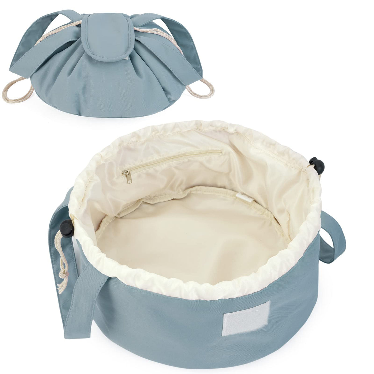 High-Capacity Barrel-Style Cosmetic Bag with Double Drawstring Closure – Water-Resistant, Padded Lining, Inner Zipper & Mesh Pocket – Ideal for Travel & Daily Use (Blue)