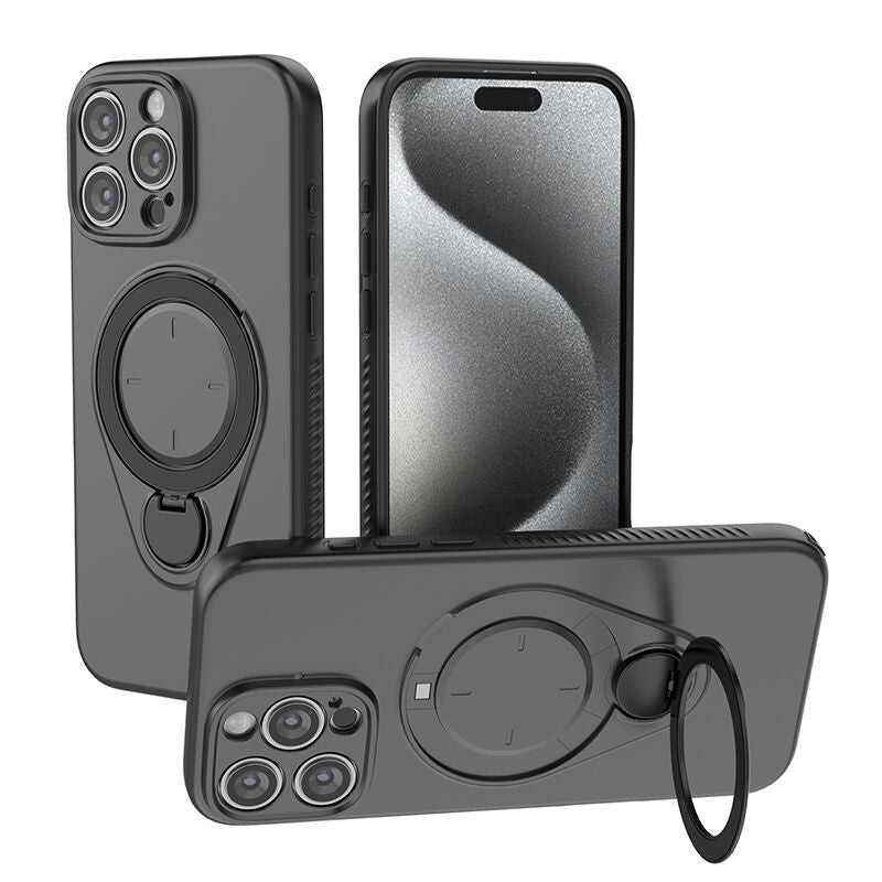 Magnetic Shockproof Case with 360-Degree Rotating Ring Stand for iPhone 16 Pro Max – Slim Protective Phone Cover with Airbag Corners and Wireless Charging Support for Home, Office, Travel and Daily Use (Black) 