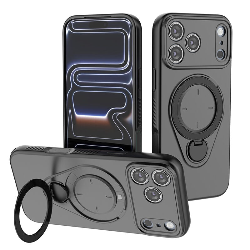 Magnetic Shockproof Phone Case with 360-Degree Rotating Ring Stand and Wireless Charging Support for iPhone 17 Pro – Slim Protective Cover Designed for Home Use, Office Work, Travel, Commuting and Everyday On-the-Go Lifestyle (Black) 