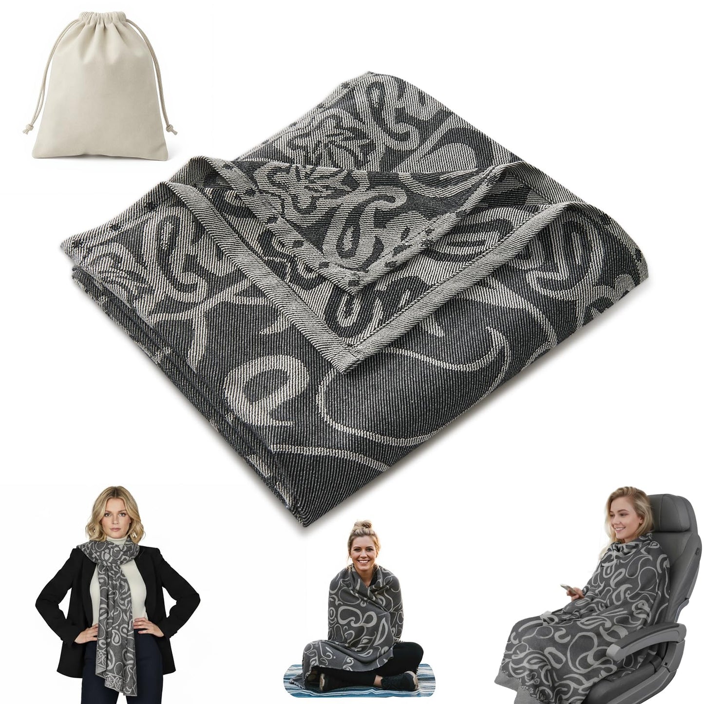 Premium Travel Blanket – Ultra-Soft Knit Wrap for Airplane, Car, Office Naps, and Gifts – Lightweight, Breathable, and Stylish with Storage Bag (Black)