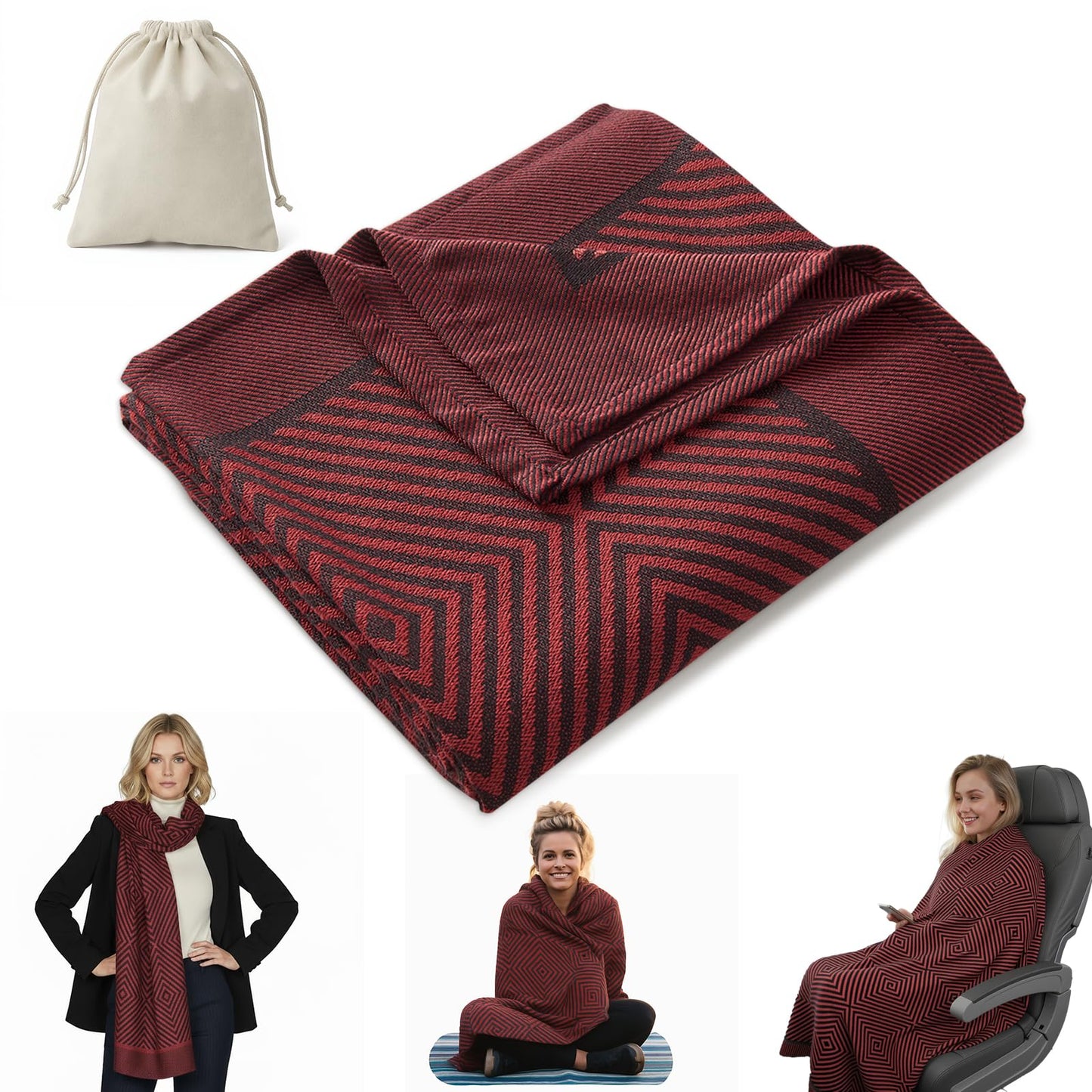 Premium Travel Blanket – Ultra-Soft Knit Wrap for Airplane, Car, Office Naps, and Gifts – Lightweight, Breathable, and Stylish with Storage Bag (Red)