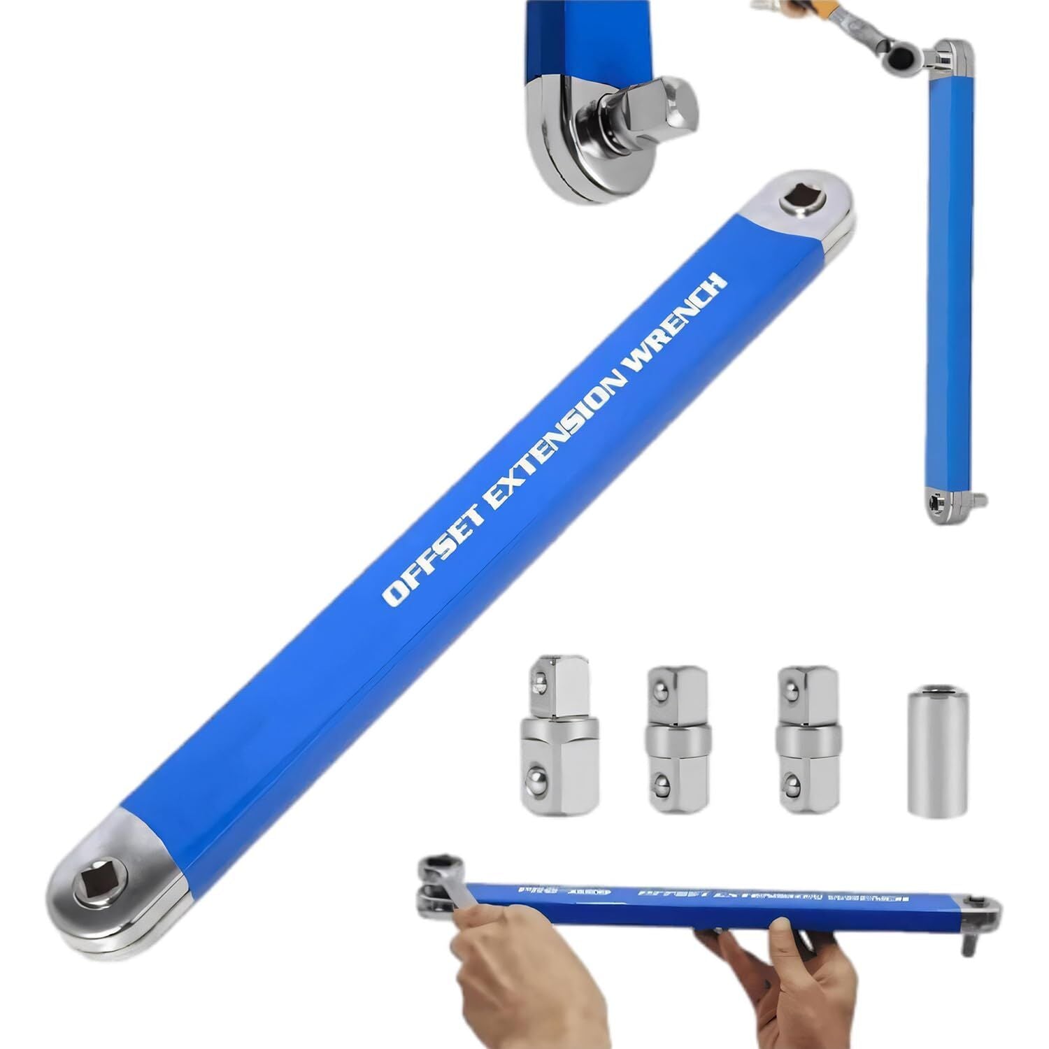 Blue Offset Extension Wrench Set – 15.35" Long, 1/4", 3/8", 1/2" Square Drive Adapters & 1/4" Socket | Ideal for Tight Spaces