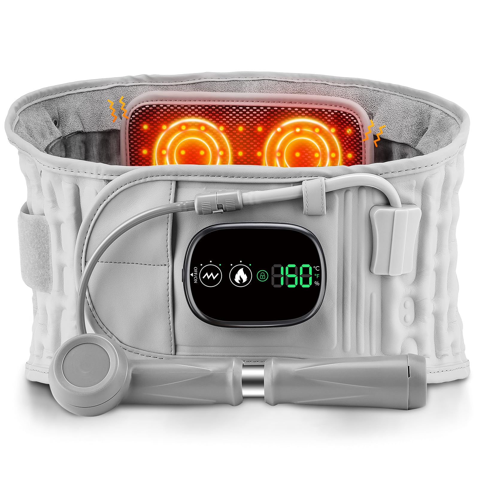 Inflatable Heating Massage Waist Belt with 3-Level Heat & Vibration – Cordless Back Support for Men and Women (Gray)