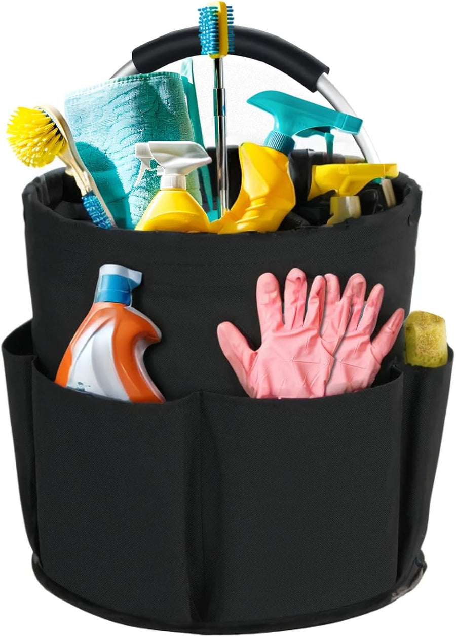 Black Foldable Cleaning Caddy with 6 Outer Pockets: 17L Collapsible Storage Basket for Household, Bathroom, Picnic & Beach – Durable Oxford Cloth Organizer  | Other colors available in store