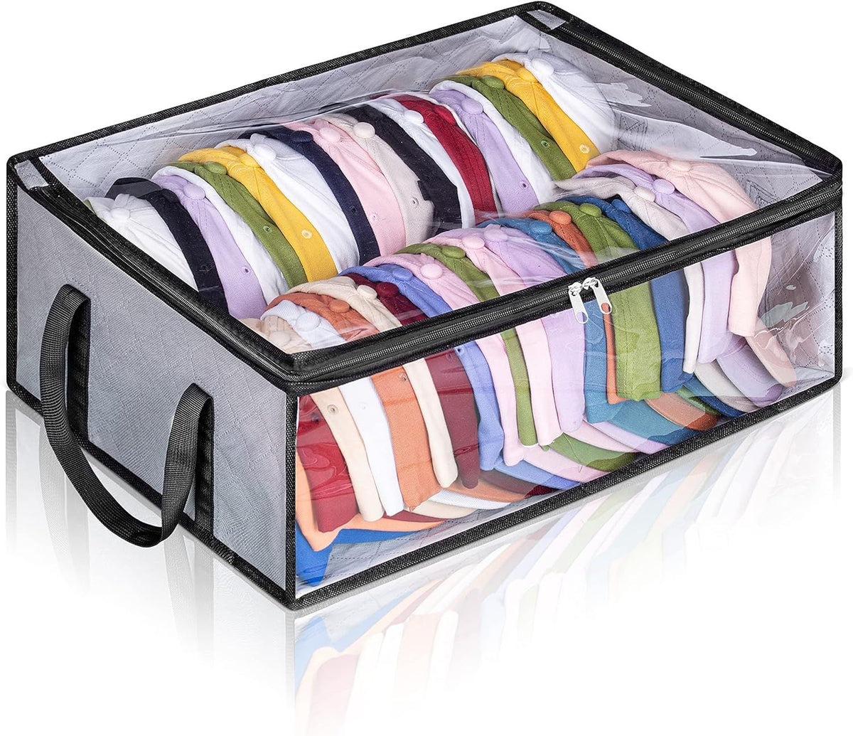 Large Capacity Foldable Hat Organizer Storage Box with Clear See-Through Window for Baseball Caps, Clothes, Toys, and Books, Underbed and Closet Container (Grey)