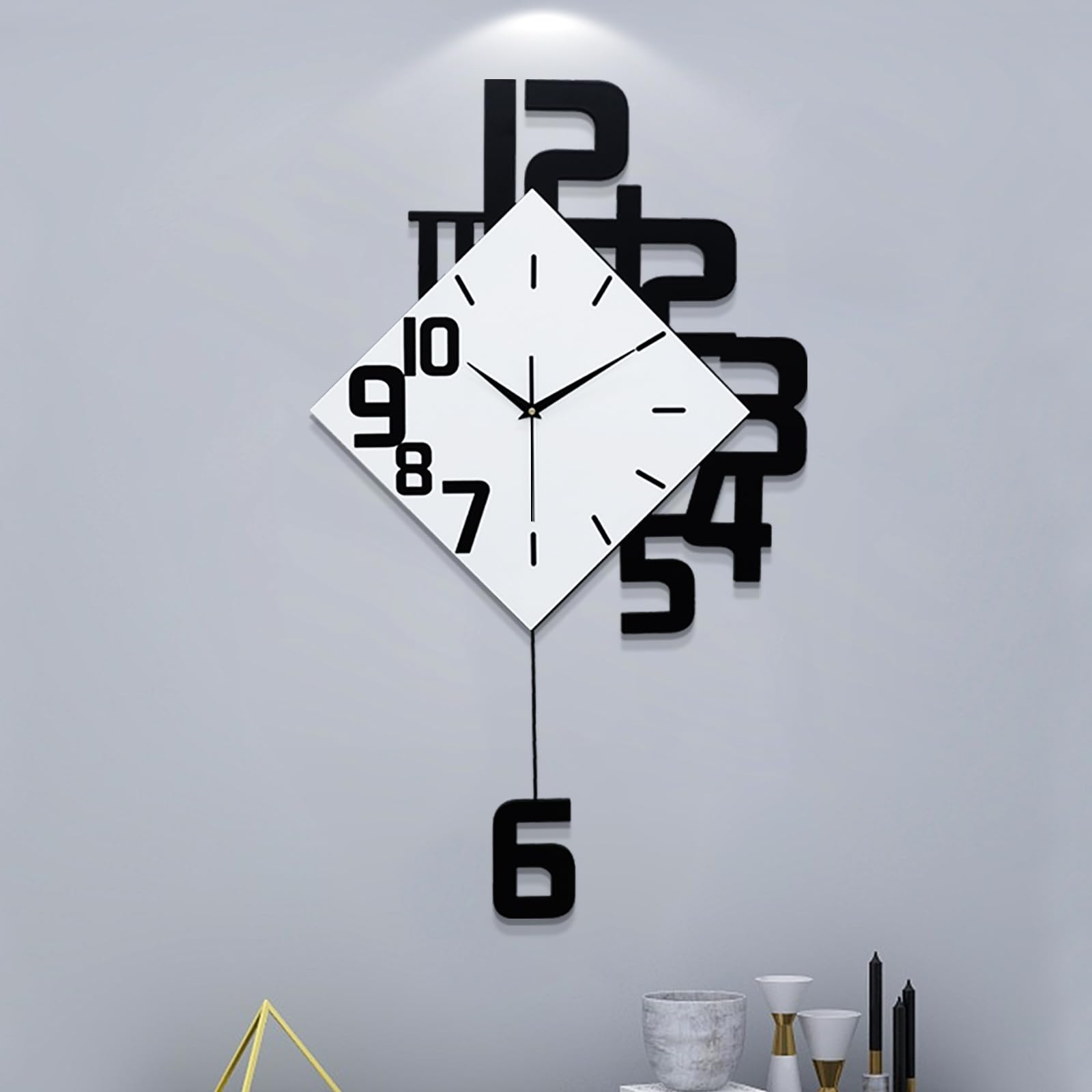 Modern Diamond Wall Clock – Creative 3D Design Silent Quartz Wall Clock for Living Room, Bedroom, Office, Home Decor, Battery Operated (Black-White)