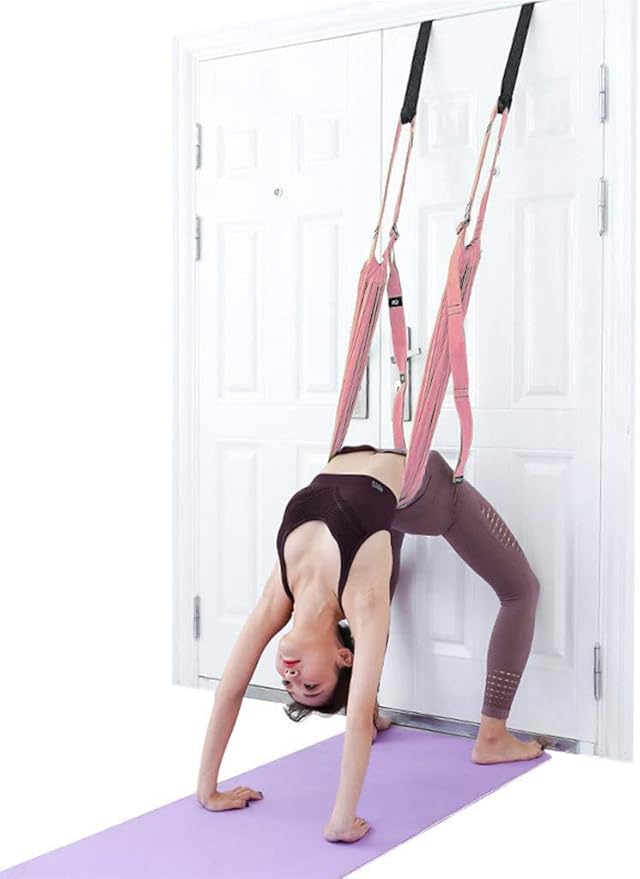 Door-Hanging Yoga Hammock for Backbend & Stretching – Adjustable Aerial Yoga Strap with Dual Anchors, Full-Body Flexibility Trainer for Home Use (Pink)