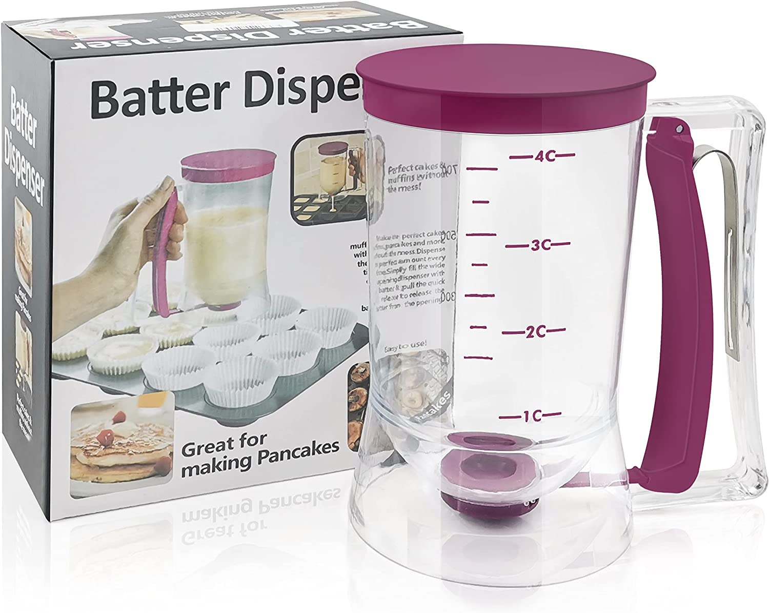Batter Dispenser with Measuring Marks – 900ml Cake Mix Pourer for Cupcakes, Pancakes, Muffins, Waffles & More (Purple) 