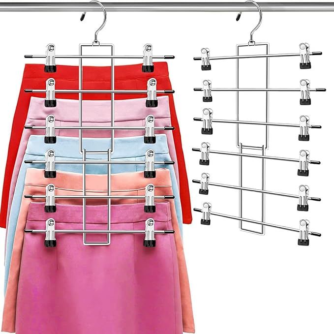 6-Tier Metal Clothing Organizer Hanger with 12 Adjustable Clips, 360° Swivel Hook, Foldable Design, and Rubber-Tipped Grips for Pants, Skirts, Bras, Sweaters, and Scarves—Space-Efficient Closet Solution (1pack)