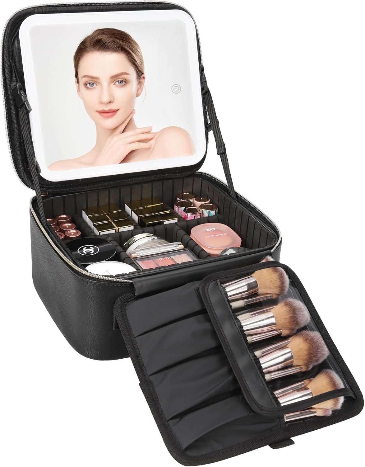 Portable LED Makeup Case with Mirror – Rechargeable 3-Color Light, 6 Adjustable Dividers, Brush Roll Holder, Waterproof PU Leather, Large Capacity Travel Cosmetic Organizer for Women, Includes Charging Cable (Black)
