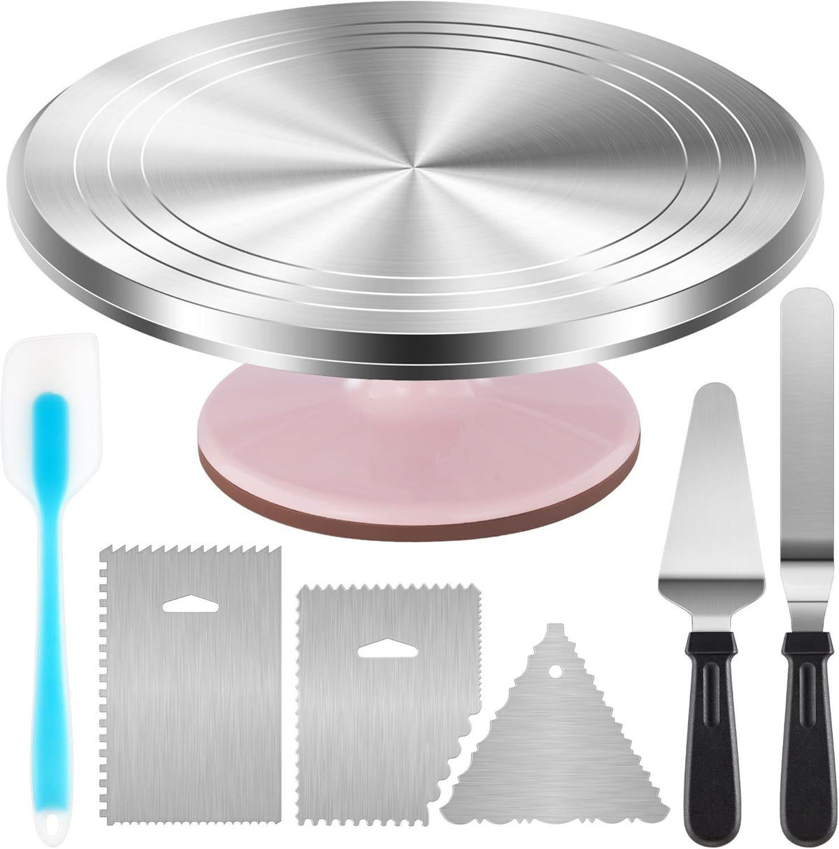 Premium Aluminum Alloy Cake Turntable Set with 3 Icing Scrapers, Offset & Silicone Spatulas, Non-Slip Base for Smooth Frosting, Professional Baking & Decorating Kit for Home Bakers (Pink)