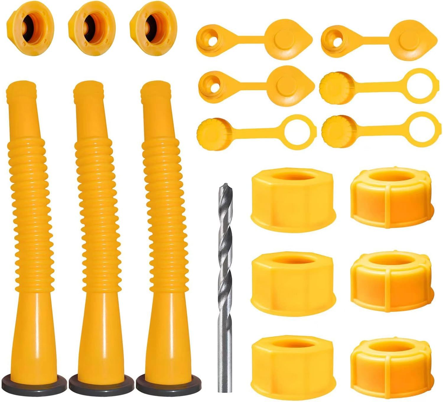 3-Pack Fuel Can Spout Kit with Flexible Yellow Spouts, Coarse & Fine Threaded Caps, Dual Vent Caps, Sealing Gaskets, and Installation Drill Bit for Standard Gas Cans (Yellow)