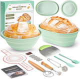 Foldable Silicone Bread Proofing Basket Set - Complete Sourdough Baking Kit with Dough Whisk, Lame, Scraper & Tools for Home Bakers (Green)