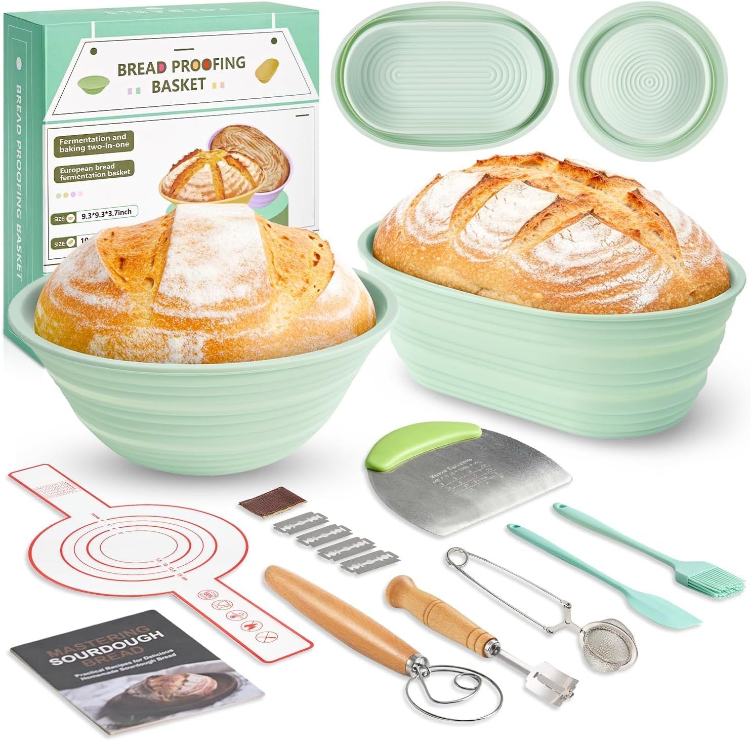 Foldable Silicone Bread Proofing Basket Set - Complete Sourdough Baking Kit with Dough Whisk, Lame, Scraper & Tools for Home Bakers (Green)