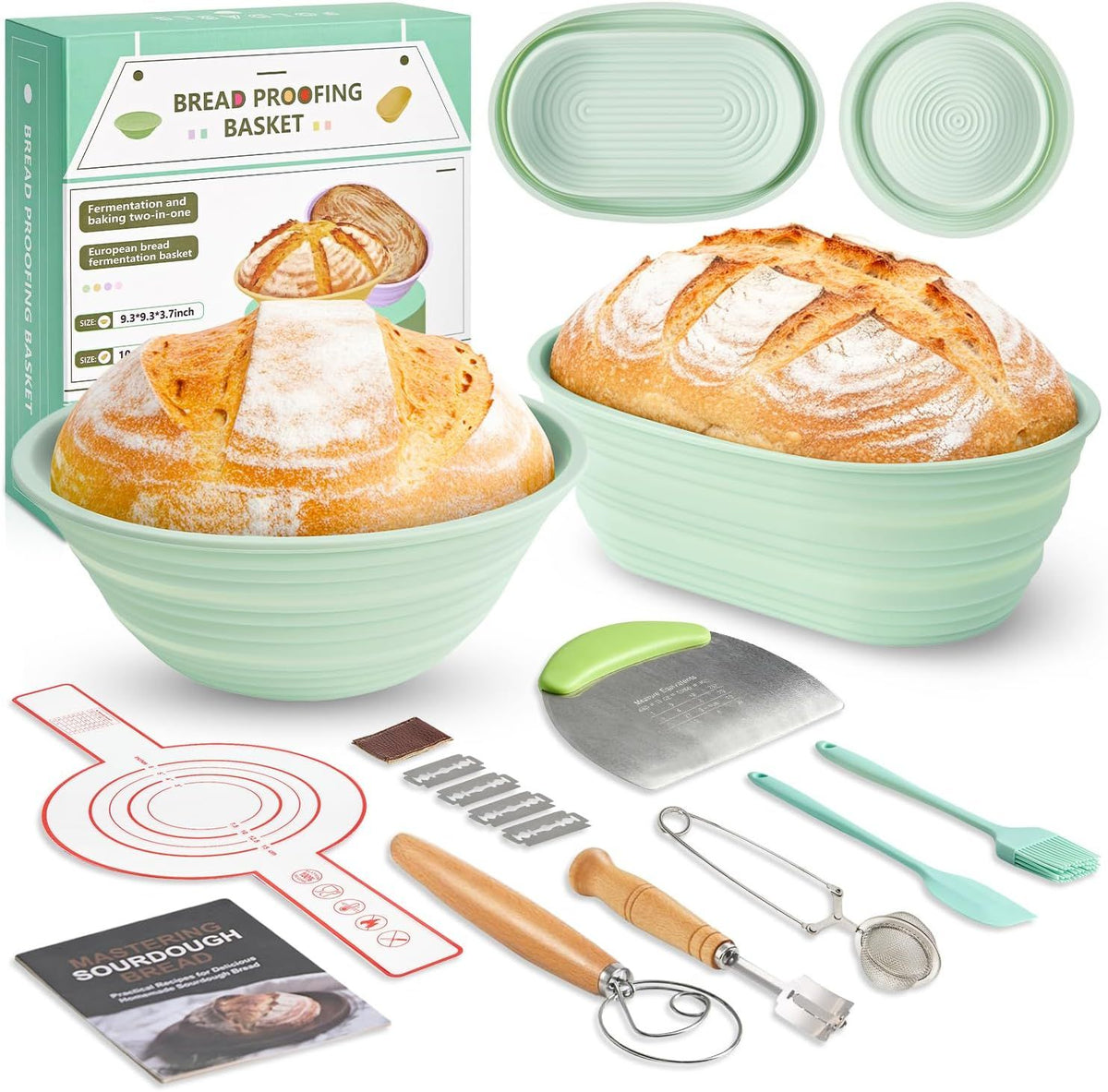 Foldable Silicone Bread Proofing Basket Set - Complete Sourdough Baking Kit with Dough Whisk, Lame, Scraper & Tools for Home Bakers (Green)
