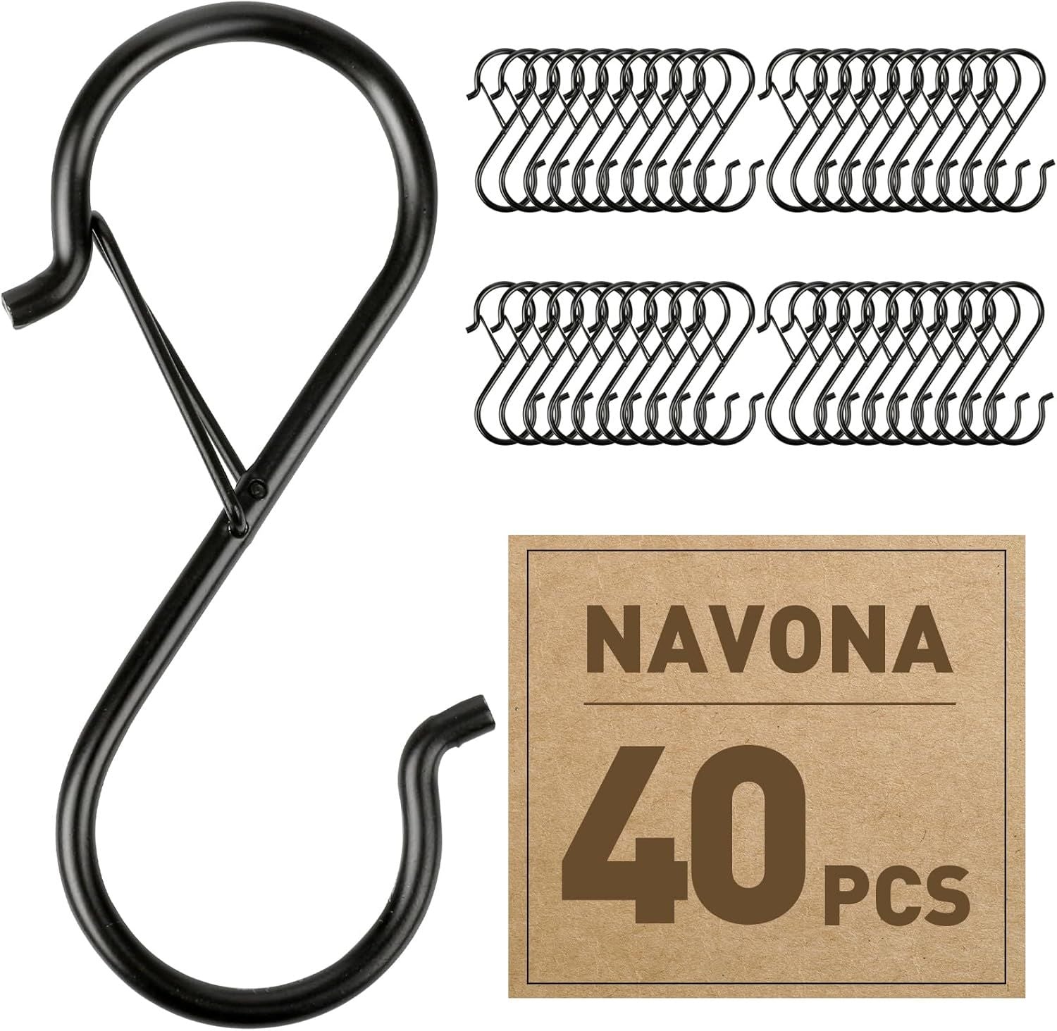 40-Pack S-Shaped Hooks with Safety Buckle, Black Finish, for Hanging Bags, Kitchen Tools, Plants & Decor—Fits Rods up to 0.5 Inch Diameter—Easy Open/Close Design, Multi-Use Home Organization Tool (Black)