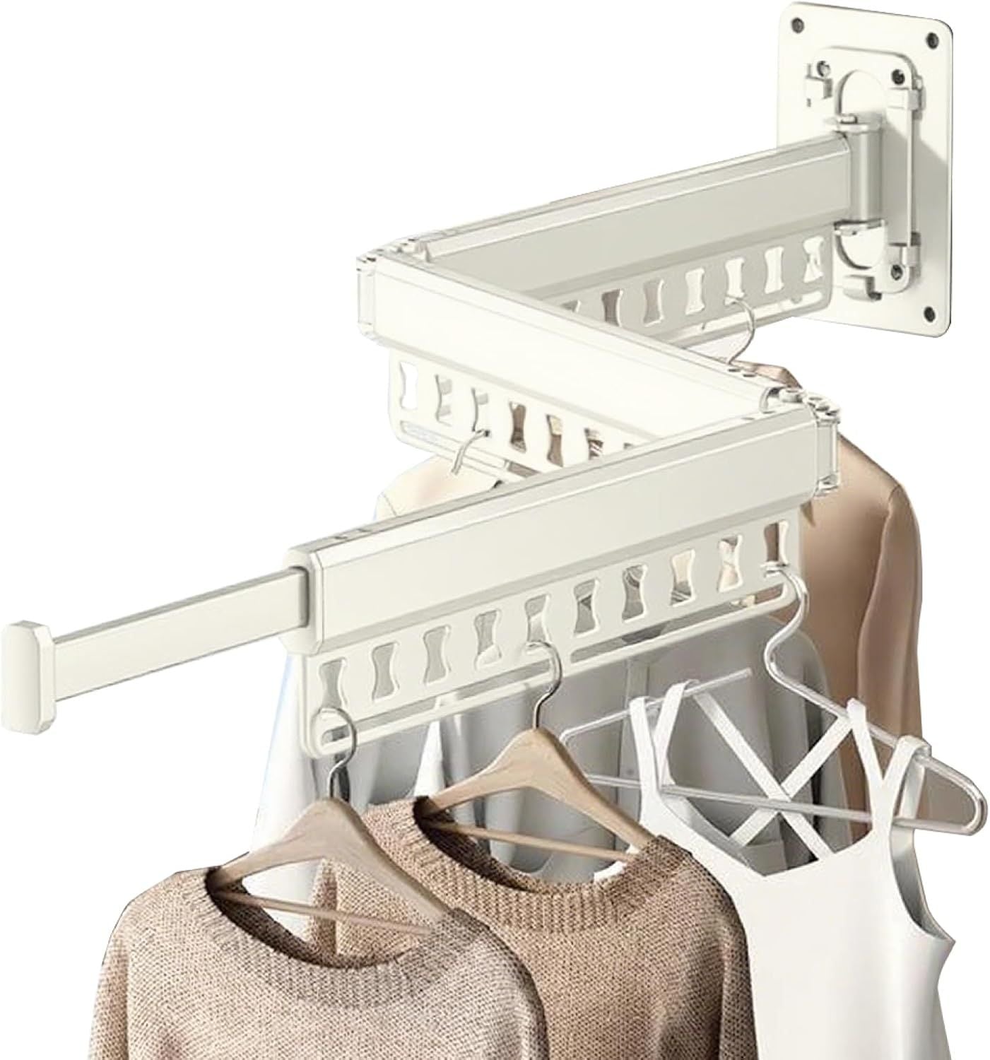 Wall-Mounted Folding Drying Rack with Windproof Holes & Retractable Rod for Balcony, Bathroom & Indoor Use (White)