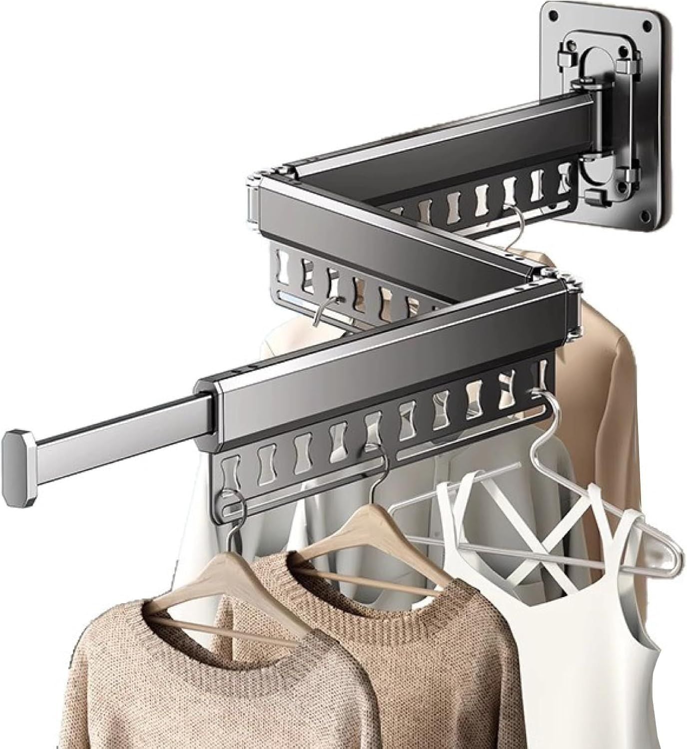 Wall-Mounted Folding Drying Rack with Windproof Holes & Retractable Rod for Balcony, Bathroom & Indoor Use (Gray)