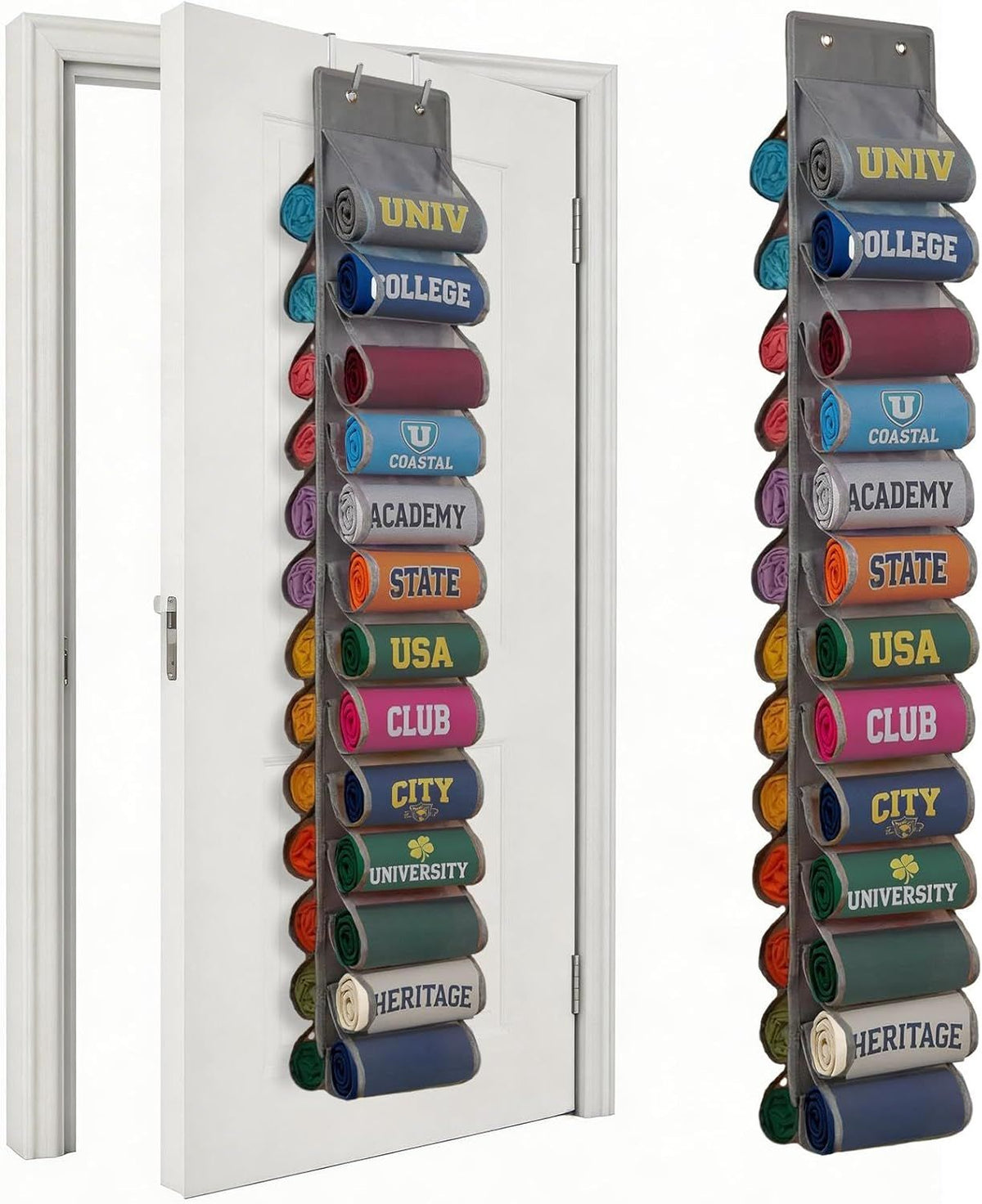 Double-Sided Over Door & Closet Organizer for Yoga Pants, Scarves & Accessories in Dorms and Bedrooms, 26-Pocket Vertical Storage Rack (Grey)

