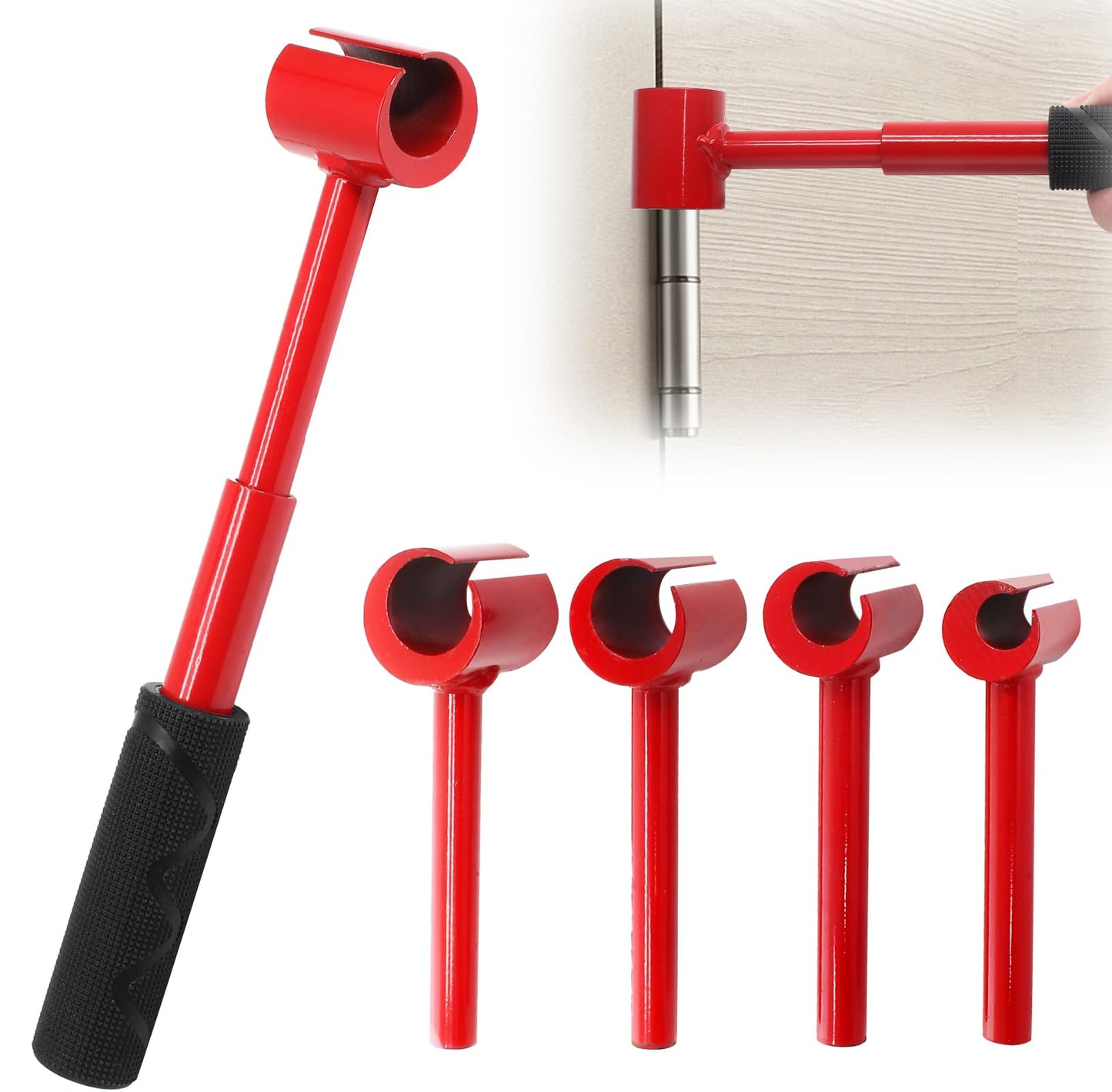 4-in-1 Door Hinge Adjustment Tool – Heavy-Duty Carbon Steel Wrench with Interchangeable Heads for 14mm/0.55" to 25mm/0.98" Hinges, 153mm/6.02" Length (Red)