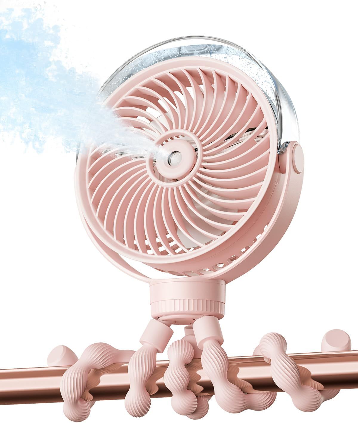Portable Misting Stroller Fan with 4 Speeds & 360° Adjustable Tripod, Quiet Rechargeable Baby Fan for Travel, Outdoor, Car Seat, Beach (Pink)