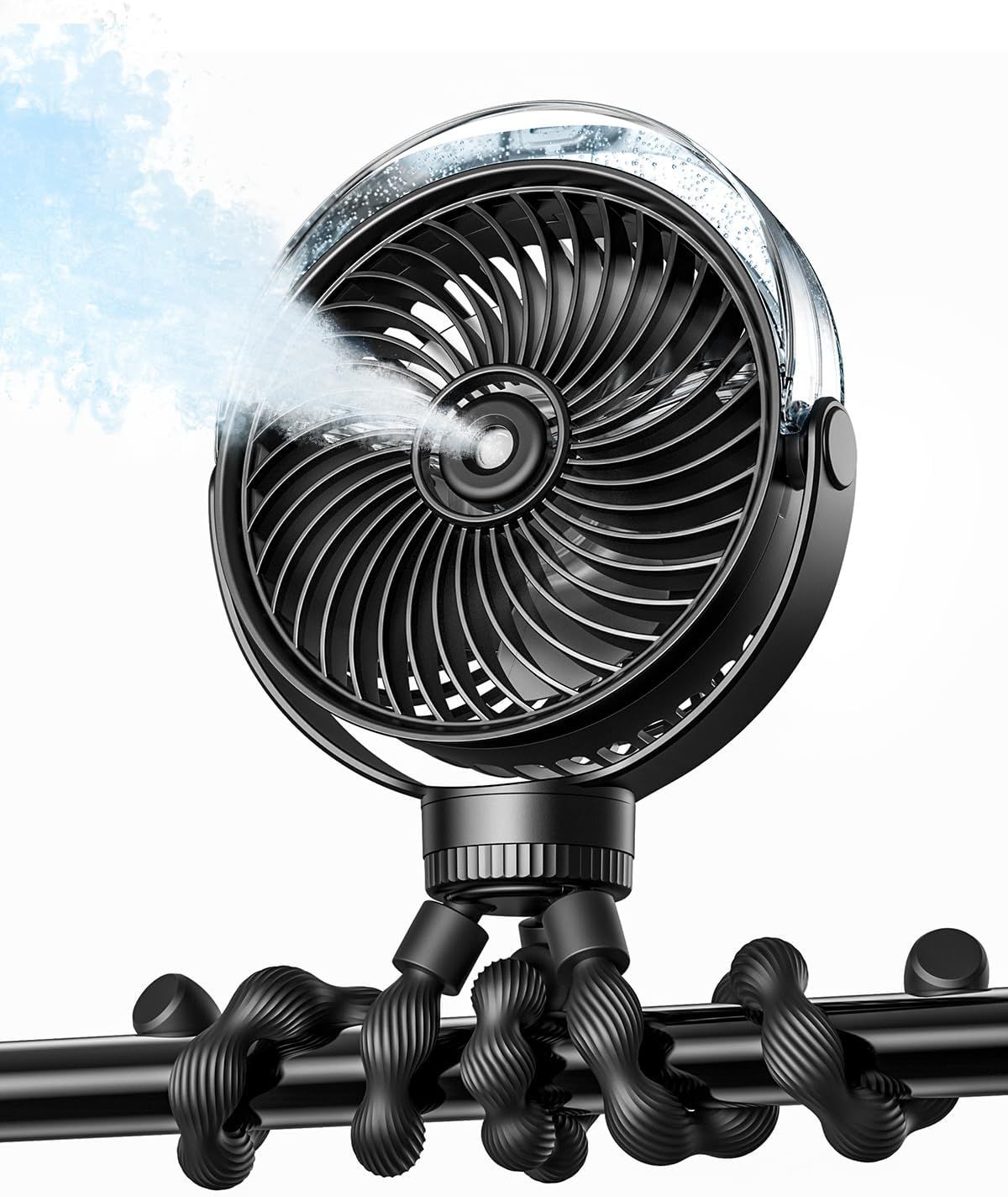 Portable Misting Stroller Fan with 4 Speeds & 360° Adjustable Tripod, Quiet Rechargeable Baby Fan for Travel, Outdoor, Car Seat, Beach (Black)