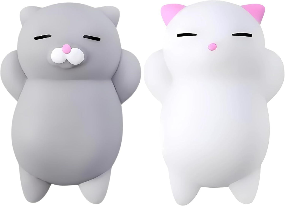 2 PCS Mini Cat Squishy Toy for Office & Classroom – Soft Silicone Stress Reliever to Calm Anxiety (Grey & White) 