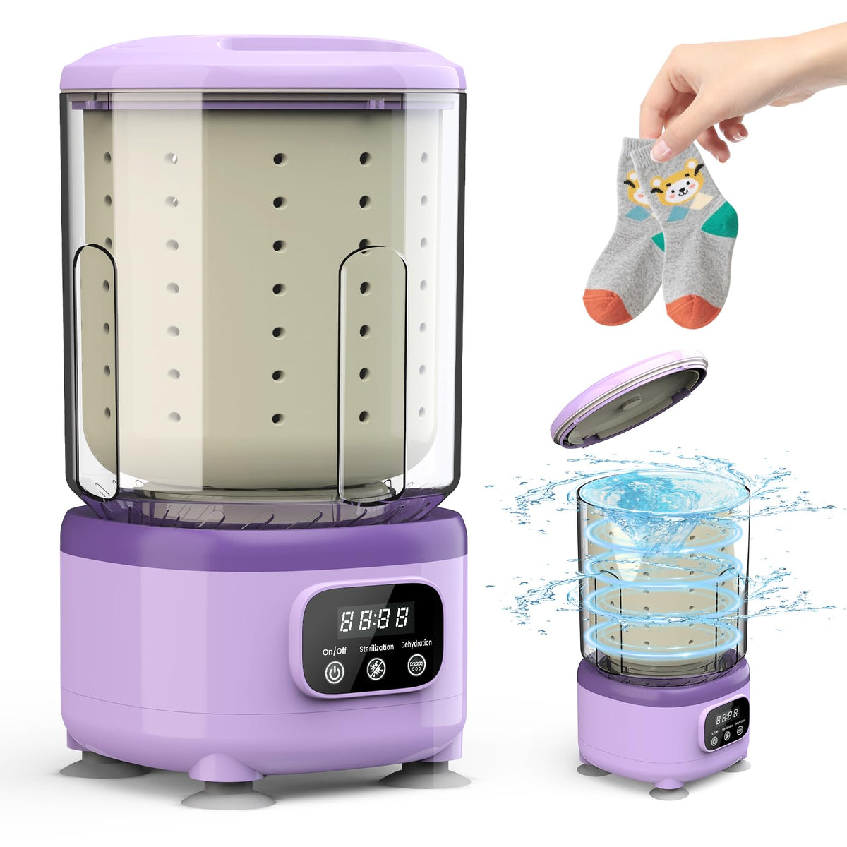 Portable Mini Washing Machine with Spin Dry & UV Sterilization – 3L Capacity, Wash, Rinse, Dehydrate, and Disinfect in One, Ideal for Underwear, Socks, Baby Clothes (Purple)