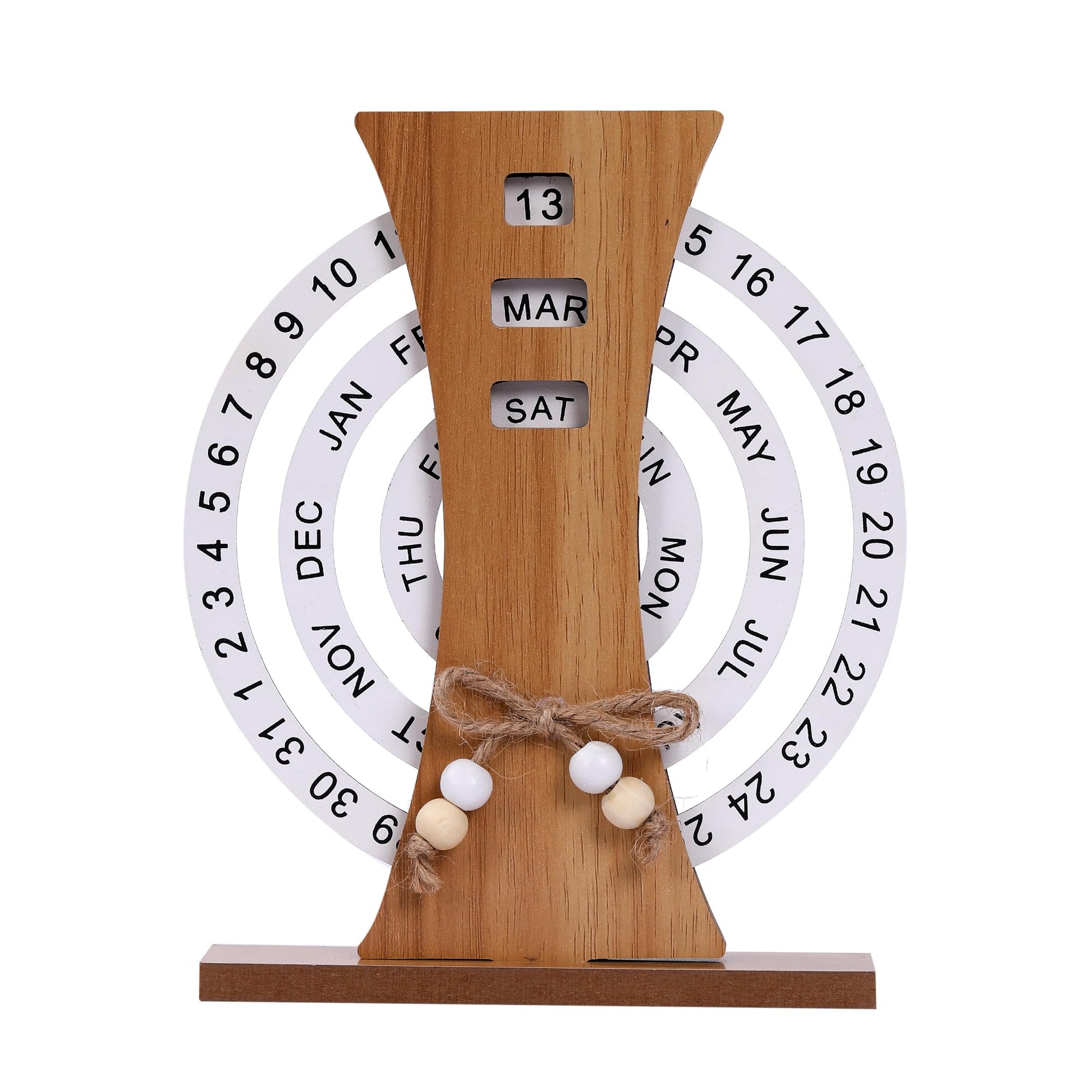 Wooden Perpetual Calendar with Rotating Discs – Elegant Desk Decor for Home & Office, Date Day Month Display (Natural Wood)