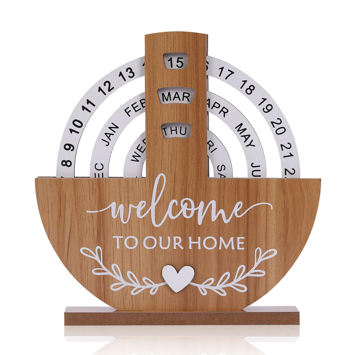 Wooden Perpetual Calendar with "Welcome to Our Home" Design – Rotating Desk Decor for Office & Living Space (Natural Wood) 