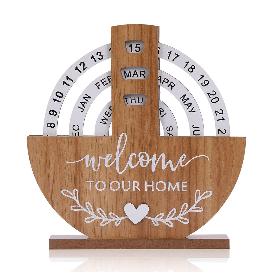 Wooden Perpetual Calendar with "Welcome to Our Home" Design – Rotating Desk Decor for Office & Living Space (Natural Wood) 