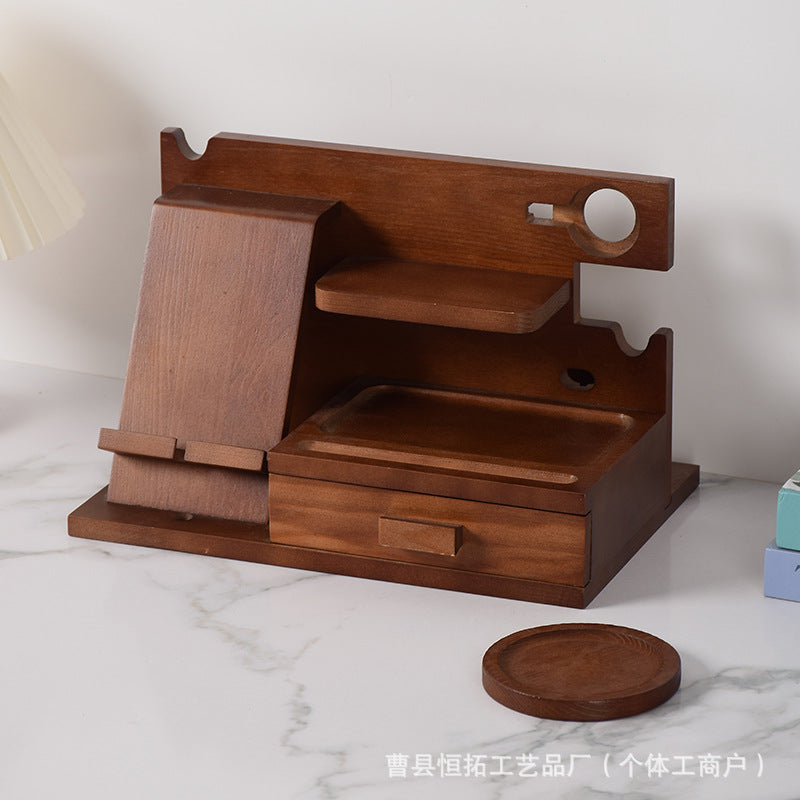 Wooden Desk Organizer for Men – Multi-Function Phone Stand, Watch & Glasses Holder, Key & Wallet Tray (Vintage Brown)