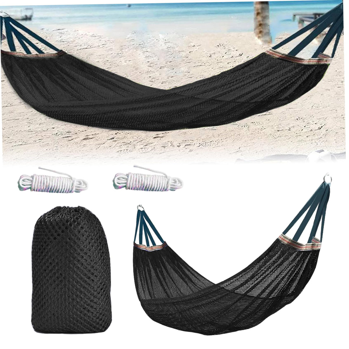 Outdoor Nylon Hammock with Tree Straps – Portable Mesh Hanging Bed for Camping, Beach, Garden, Lightweight & Durable Swing Chair (Black)