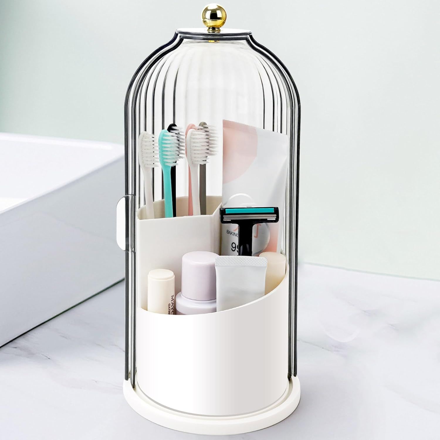 360° Rotating Makeup Brush Holder with Dustproof Cover, 3-Slot Vanity Organizer for Cosmetics & Toiletries, Birdcage Design for Bathroom & Desk (White)