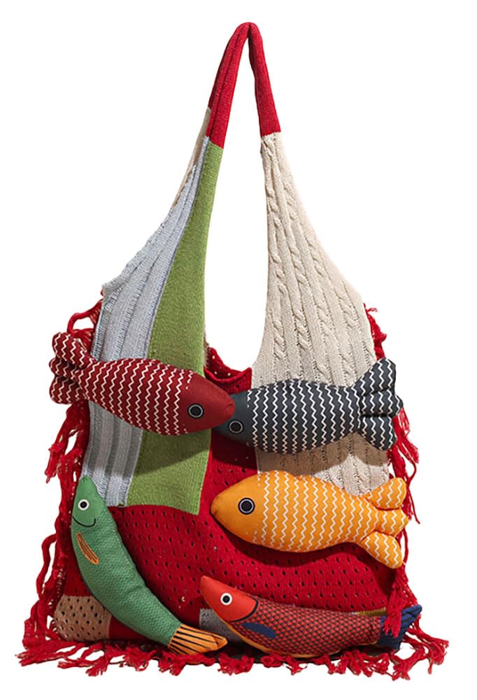 Boho Knit Tote Bag with 3D Fish Applique – Patchwork Shoulder Bag for Women, Beach, Travel & Daily Use – Soft Fringe Design (Red)