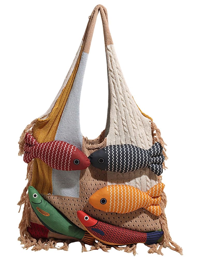 Boho Knit Tote Bag with 3D Fish Applique – Patchwork Shoulder Bag for Women, Beach, Travel & Daily Use – Soft Fringe Design (Khaki)