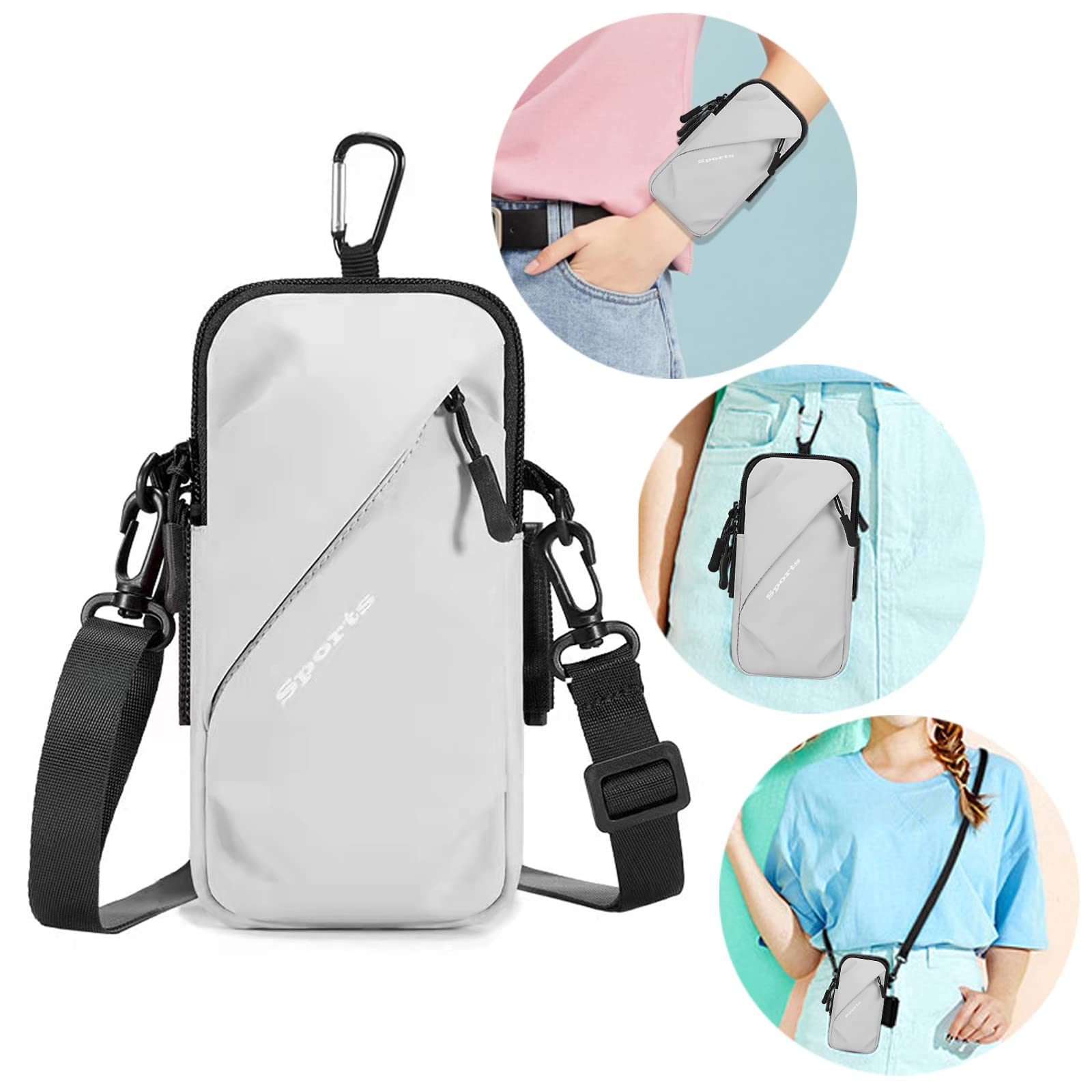 Universal Running Phone Arm Band – Waterproof, Dual Pocket, Adjustable Strap, Breathable Mesh, Fits Phones Up to 6.7 Inches, Crossbody & Waist Clip (Grey)