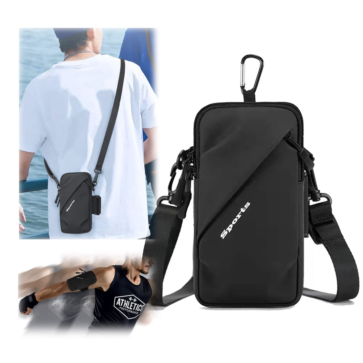 Universal Running Phone Arm Band – Waterproof, Dual Pocket, Adjustable Strap, Breathable Mesh, Fits Phones Up to 6.7 Inches, Crossbody & Waist Clip (Black)